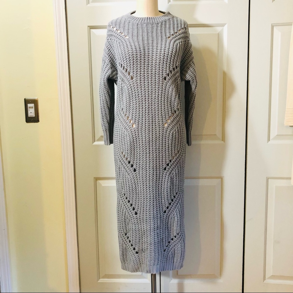 NEW Boho Distressed Long Sleeves Round Neck Knit Sweater Dress Color Gray Size L